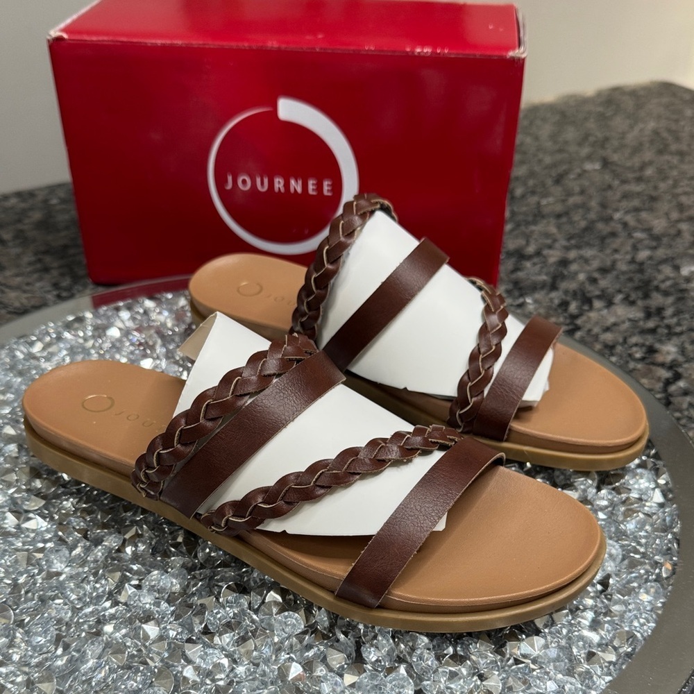 Journee Collection Colette Brown Braided Slide Sandals NEW 8